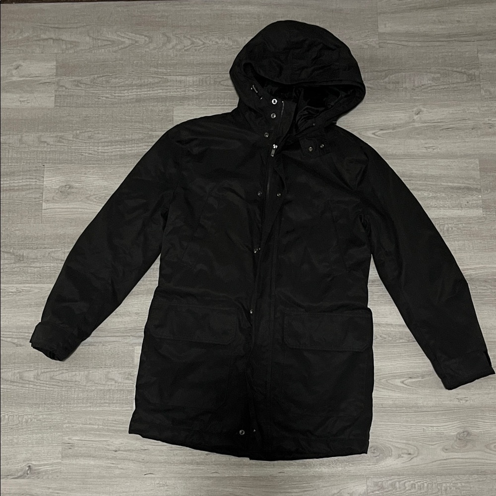 H&M Men's Thick Black Jacket with Hood, Drawstring Waist, Padded Lining, Pockets